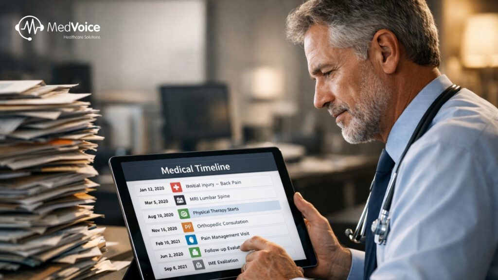 'n Man in 'n kantoor ondersoek 'n digitale mediese tydlyn met chronologiese mediese opsommings vir IME-gevalle op 'n tablet, met stapels papierwerk naby. Die MedVoice Healthcare Solutions-logo is sigbaar in die linker boonste hoek.