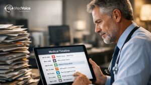 'n Man in 'n kantoor ondersoek 'n digitale mediese tydlyn met chronologiese mediese opsommings vir IME-gevalle op 'n tablet, met stapels papierwerk naby. Die MedVoice Healthcare Solutions-logo is sigbaar in die linker boonste hoek.