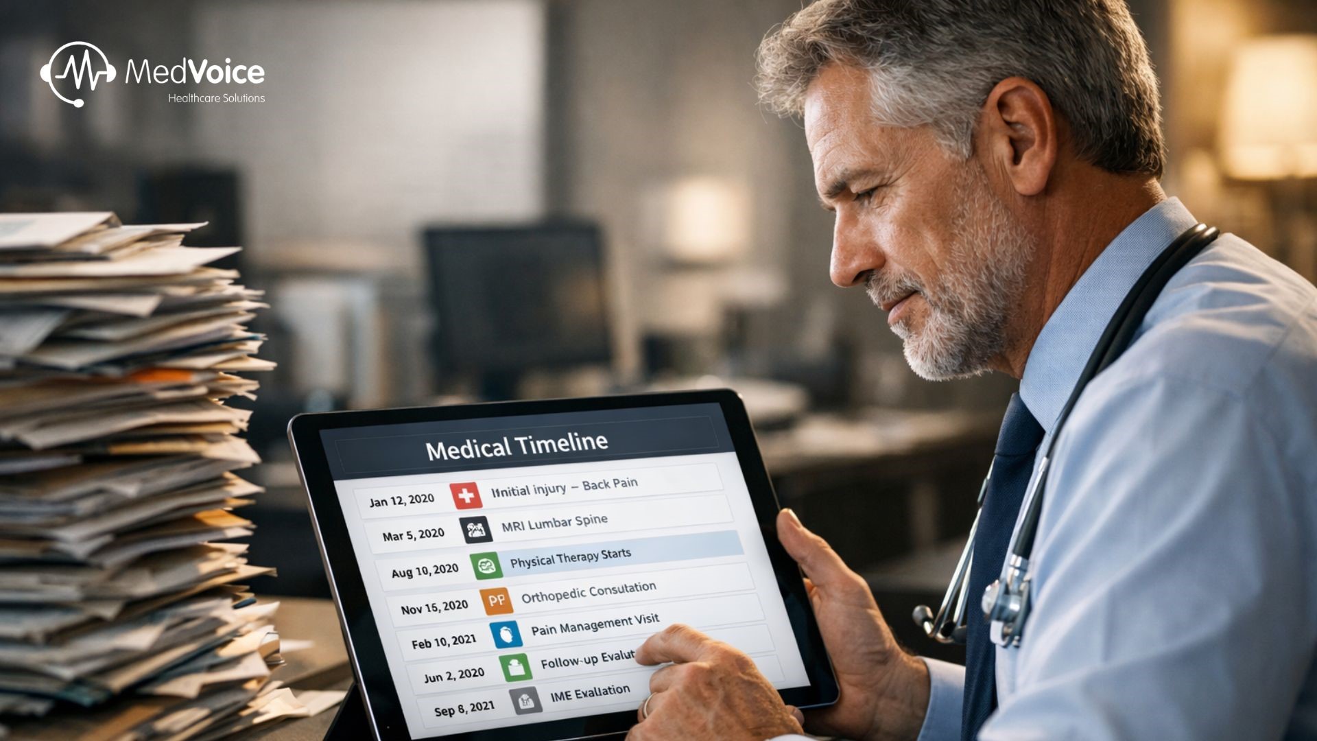 'n Man in 'n kantoor ondersoek 'n digitale mediese tydlyn met chronologiese mediese opsommings vir IME-gevalle op 'n tablet, met stapels papierwerk naby. Die MedVoice Healthcare Solutions-logo is sigbaar in die linker boonste hoek.