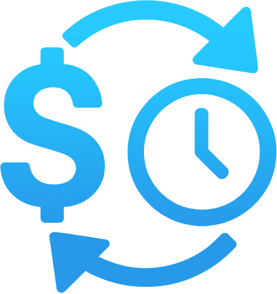 Blue icon showing a dollar sign and a clock surrounded by two curved arrows, symbolizing the exchange of time and money—ideal for a Medical Record Review landing page.