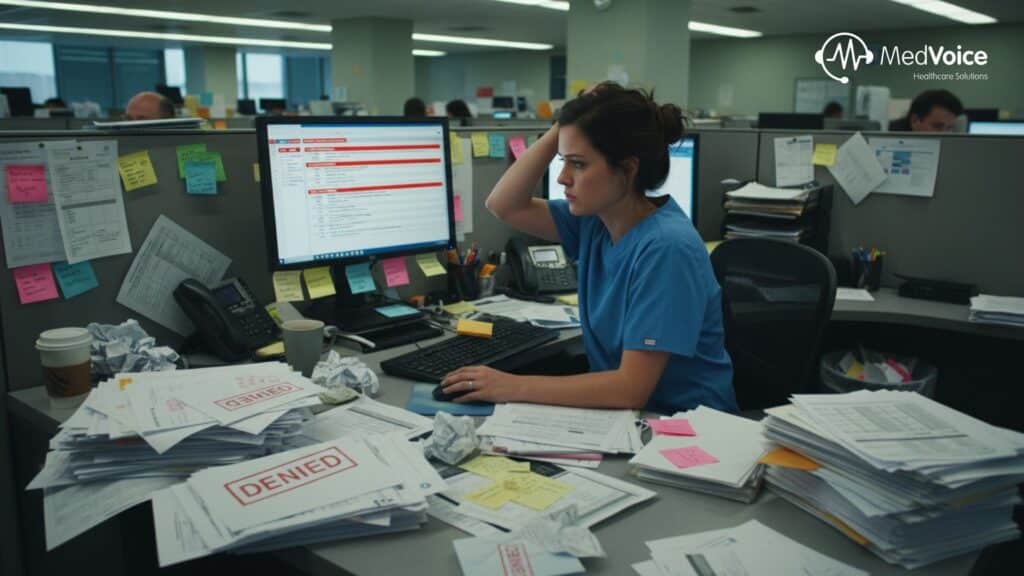 A woman in scrubs sits at a cluttered office desk with denied paperwork, looking frustrated while checking her computer. The MedVoice Healthcare Solutions logo is visible in the background, highlighting the need for effective Revenue Cycle Management.