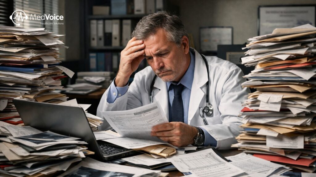 'n Dokter sit by 'n deurmekaar lessenaar en hersien papierwerk met 'n gestresde uitdrukking, omring deur stapels IME-dosisse en 'n oop skootrekenaar vol chronologiese mediese opsommings.