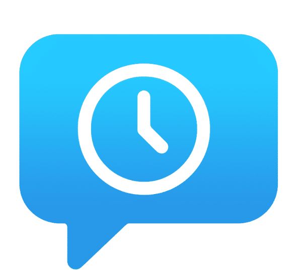 A blue speech bubble with a white clock icon showing 2 o'clock inside it, perfect for illustrating timely medical record review on a landing page.