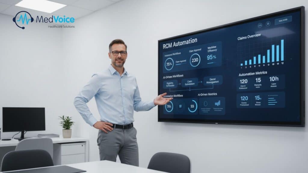 A man in business attire presents healthcare automation and RCM metrics on a large screen in a modern office labeled "MedVoice Healthcare Solutions.