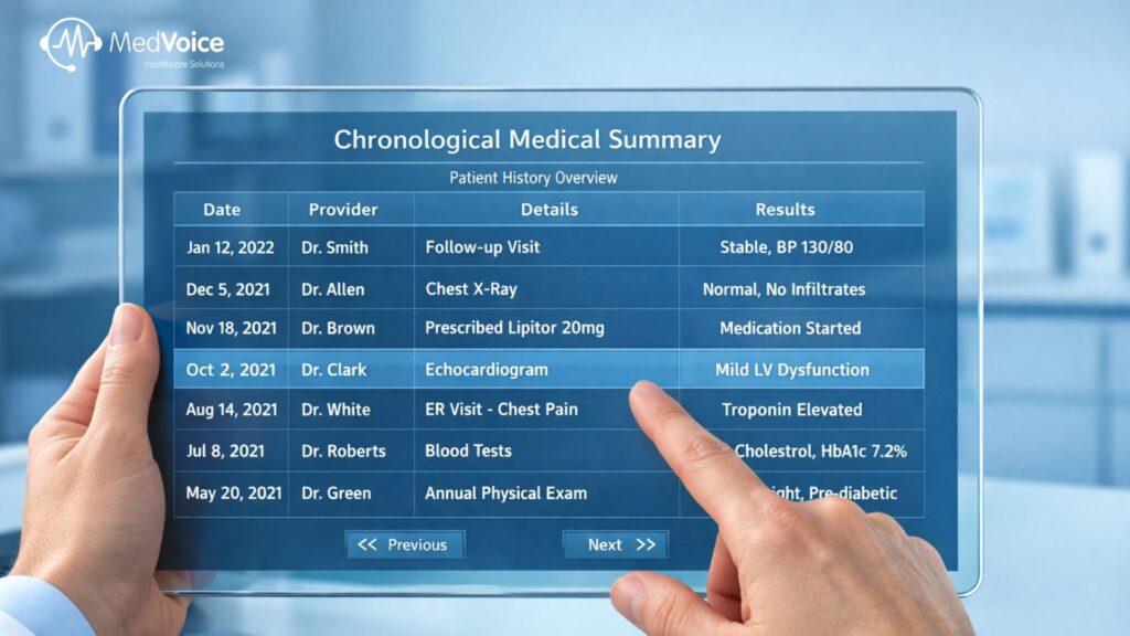 'n Persoon hersien 'n digitale mediese opsomming op 'n deursigtige skerm, wat chronologiese mediese opsommings met datums, verskaffers en resultate toon – wat gesondheidsbesoeke en IME-gevalle stroomlyn vir maklike verwysing.