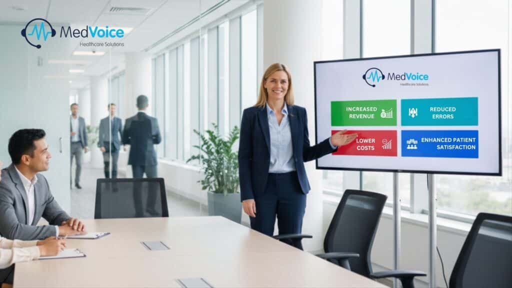 A woman in business attire presents a healthcare solutions slide featuring revenue cycle management benefits to colleagues in a modern conference room; four key advantages are listed on the screen.