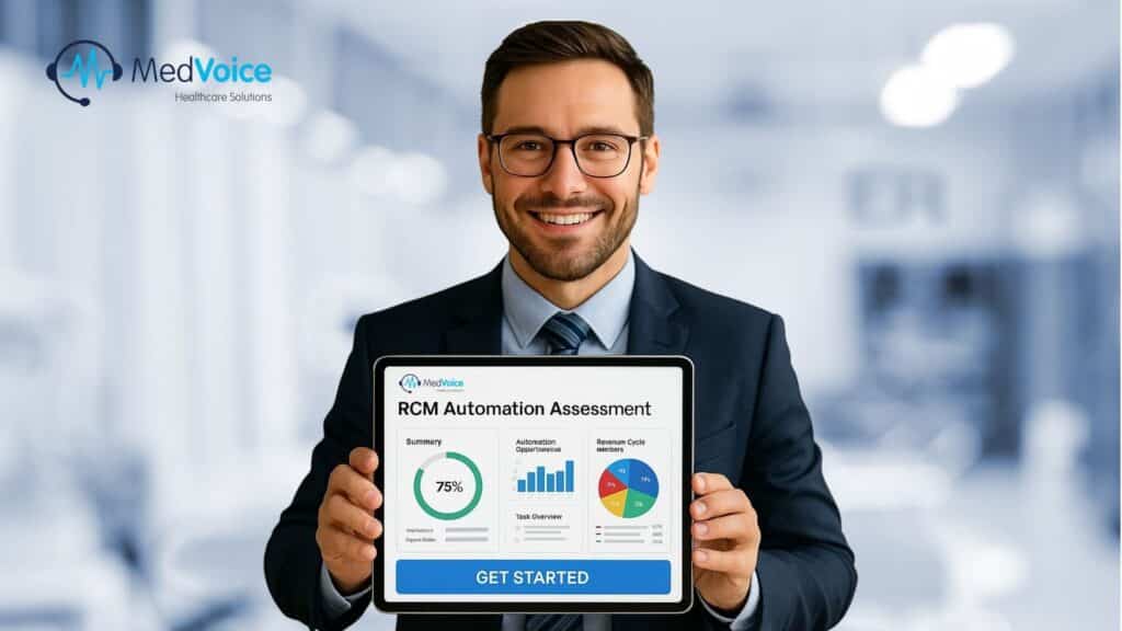 A man in business attire holds a tablet displaying an RCM Automation Assessment with charts and a "Get Started" button, highlighting revenue cycle management automation. The MedVoice Healthcare Solutions logo is visible in the background.