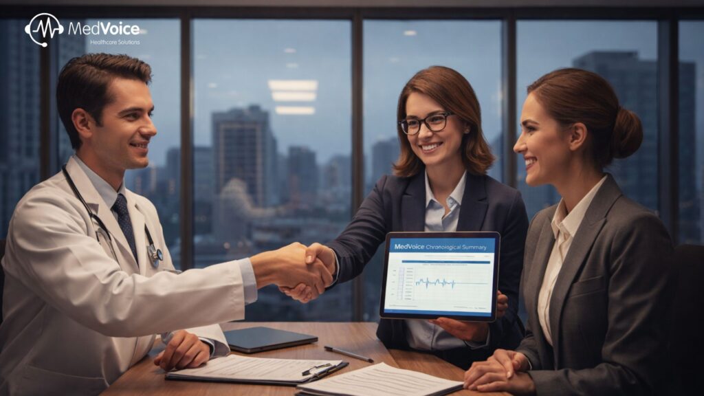 Drie professionele persone sit by 'n konferensietafel; een skud hande met 'n dokter terwyl 'n ander 'n tablet vashou wat chronologiese mediese opsommings vir IME-gevalle vertoon. Die MedVoice-logo verskyn in die beeld.
