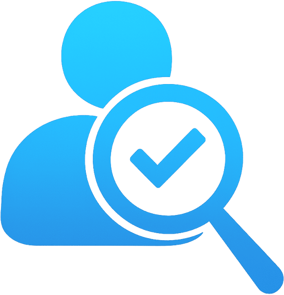Blue icon of a person with a magnifying glass in front, displaying a checkmark inside the lens—ideal for landing page graphics or illustrating medical record review processes.