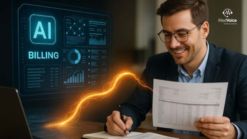 A man reviews financial documents at a desk, with a laptop displaying AI-powered, error-free billing data and graphics; an orange digital wave connects the papers and the screen.
