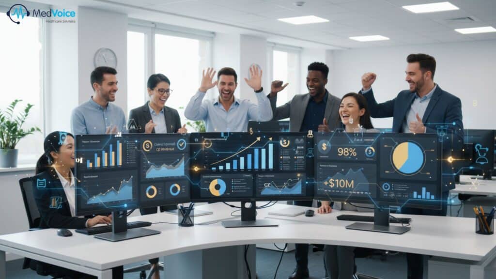 A group of business professionals celebrates around office desks with computer screens displaying financial data, charts, and analytics powered by AI for error-free billing and streamlined medical billing processes.