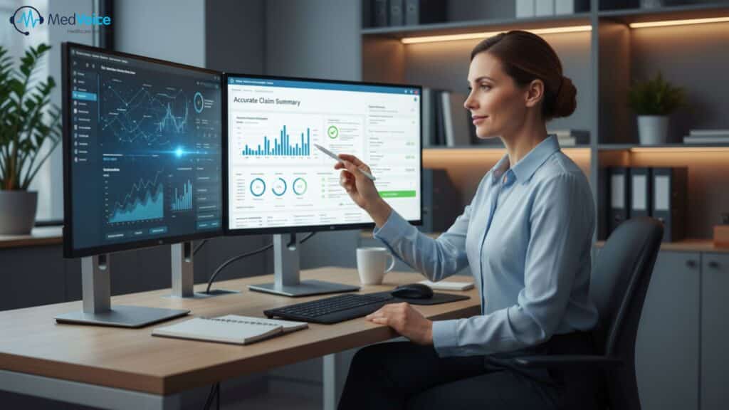 A woman in business attire works at a desk with two monitors displaying data charts and graphs, utilizing AI tools to ensure error-free billing in a modern office setting.