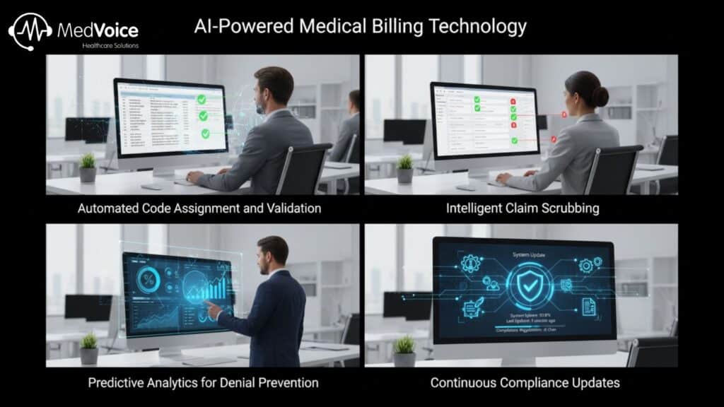 Four panels show a man at a desk using AI-powered medical billing software for error-free billing, claim scrubbing, denial prevention analytics, and compliance updates.