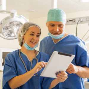 Concerned physician looking at billing documents in office