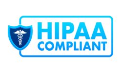 A blue shield with a caduceus symbol appears next to the words “HIPAA Compliant” and “MedVoice” in bold blue letters inside a rectangular outline.