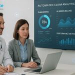 Two professionals, one in a doctor's coat, sit at a desk viewing a screen displaying automated claim analytics and billing statistics, highlighting how automation in healthcare drives efficiency in the medical office.