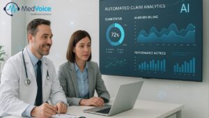 Two professionals, one in a doctor's coat, sit at a desk viewing a screen displaying automated claim analytics and billing statistics, highlighting how automation in healthcare drives efficiency in the medical office.