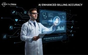 A doctor in a white coat uses a virtual touchscreen interface with medical and AI icons, illustrating how AI in Medical Billing Accuracy streamlines and enhances billing processes.
