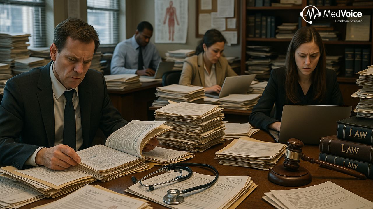 Three Law Associates review documents at a cluttered office desk with legal books, a gavel, a stethoscope, and laptops; the "MedVoice Healthcare Solutions" logo is visible in the corner.