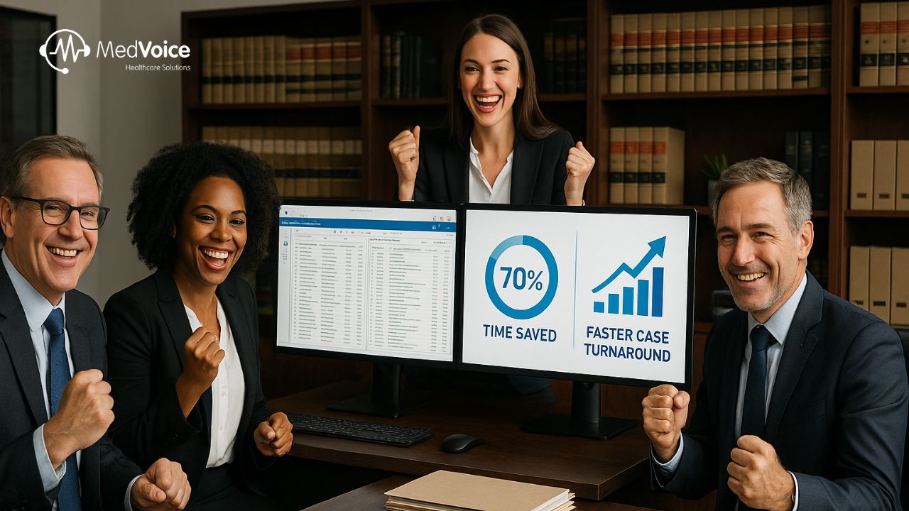 Four business professionals cheer at a desk with computer screens displaying "70% time saved" and "faster case turnaround" charts, highlighting how Law Associates benefit from MedVoice Healthcare Solutions. Logo appears in the corner.