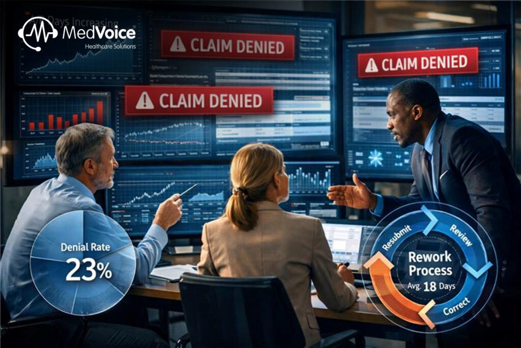 Drie professionele persone, insluitend 'n finansiële hoof, bespreek eisweierings in 'n kantoor met verskeie skerms wat "EIS GEWEIER" wys, 'n weieringskoers van 23%, en 'n grafiek oor mediese faktureringsfoute wat herbewerkingsprosesse gemiddeld 18 dae lank veroorsaak, wat die behoefte aan die beskerming van inkomste beklemtoon.