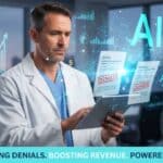 A doctor reviews documents marked "DENIED" with AI-powered RCM digital graphics, charts, and dollar signs in the background, illustrating how AI reduces the cost of denials and boosts practice revenue.