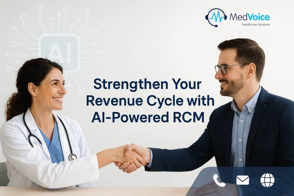 A doctor and a businessman shake hands in an office, with a sign reading "Strengthen Your Practice Revenue with AI-Powered RCM" and the MedVoice Healthcare Solutions logo.