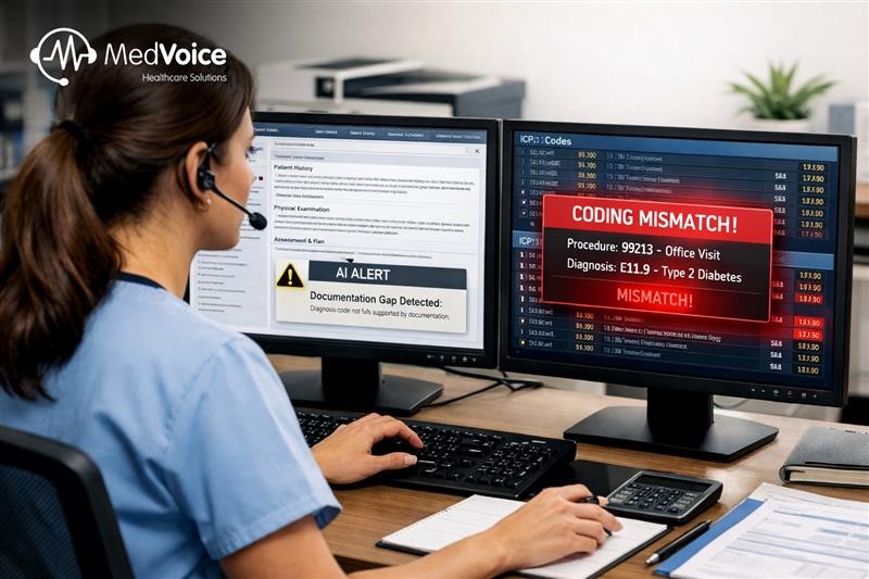 'n Gesondheidsorgwerker by 'n lessenaar gebruik dubbele monitors wat pasiëntdata en 'n koderingwanpassingswaarskuwing vir tipe 2-diabetes wys – wat die belangrikheid beklemtoon van die opsporing van mediese faktureringsfoute en die beskerming van inkomste in mediese faktureringsagteware.