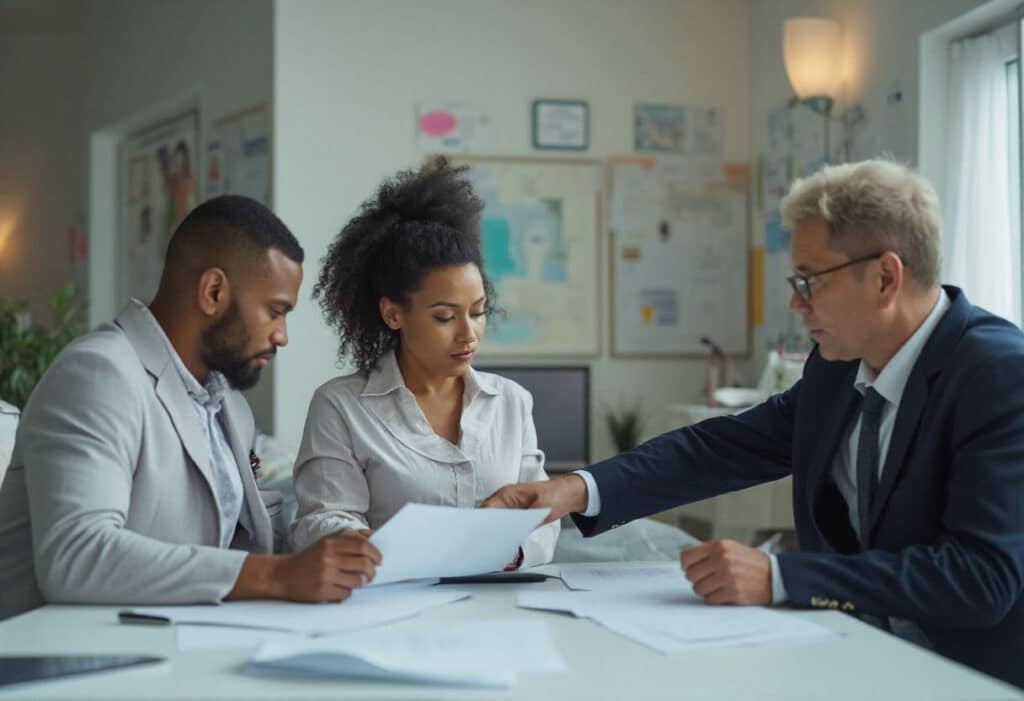Three people in business attire sit at a desk conducting a Medical Record Review together in a modern office setting.