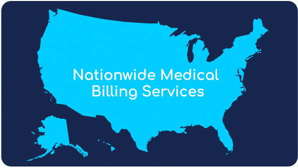 A map of the United States with the text "Nationwide Medical Billing Services powered by MedVoice" displayed across it.
