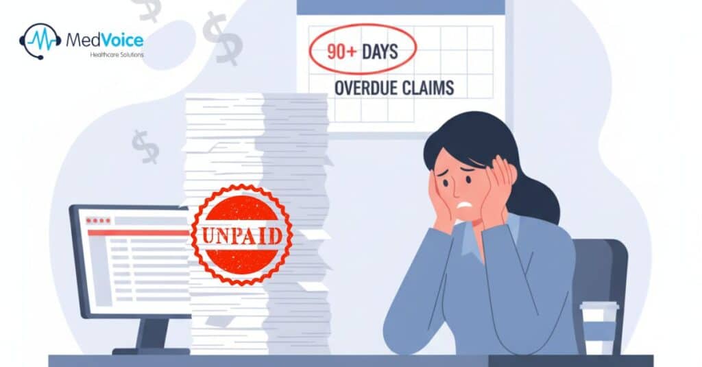 A stressed person sits at a desk with a large stack of papers marked "UNPAID," a computer screen, and a calendar showing "90+ DAYS OVERDUE CLAIMS," highlighting how credentialing delays can impact practice management.