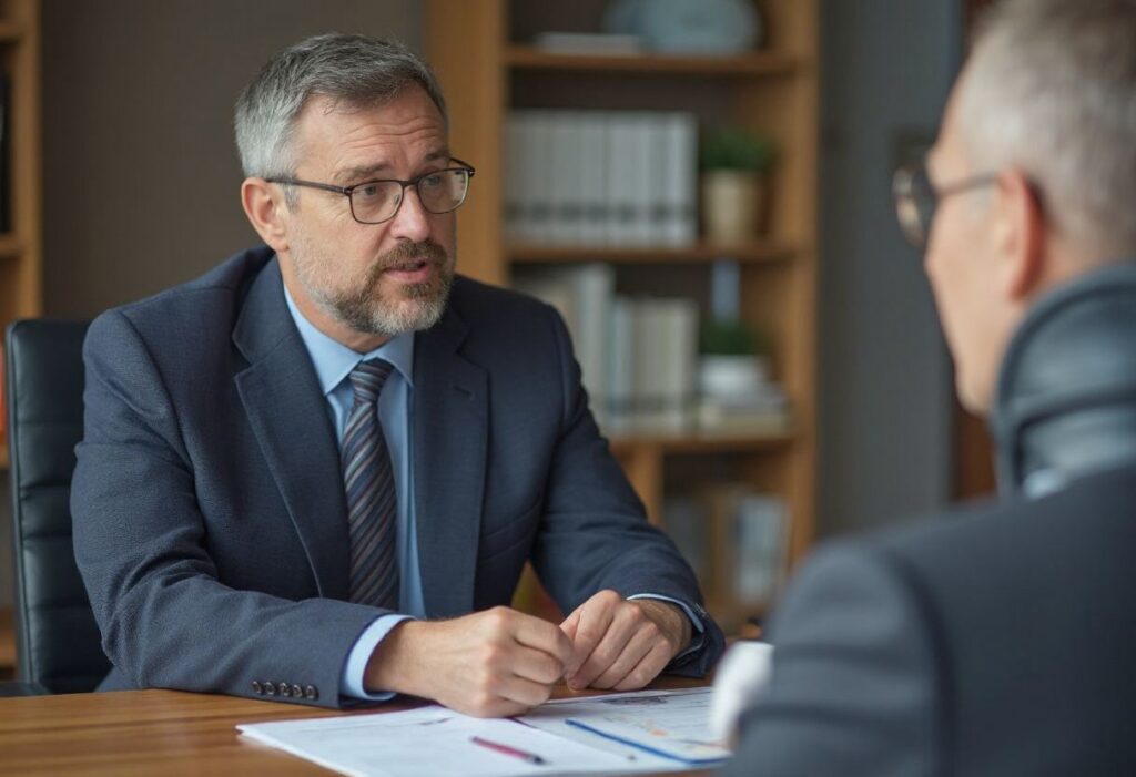 A man in a suit and glasses speaks to another person across a desk covered with medical records in an office setting.