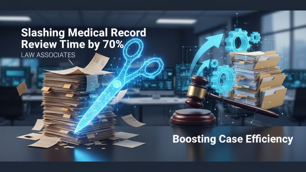 A desk with large stacks of paper, digital scissors cutting through them, a gavel, gear icons, and text promoting faster medical record review and increased case efficiency for Law Associates.