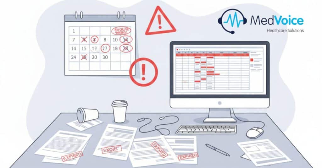 Illustration of a cluttered desk with documents labeled "expired," a computer displaying a schedule, a calendar with marked dates, and alert symbols—highlighting how credentialing delays can impact your healthcare practice; MedVoice Healthcare Solutions logo in corner.