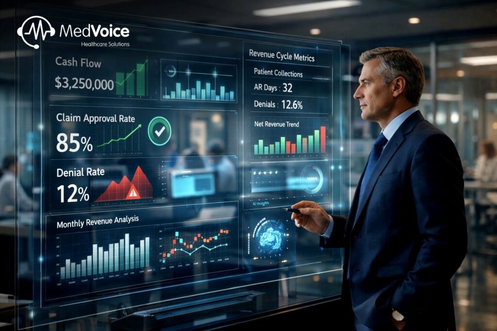 'n Man in 'n pak ontleed finansiële data oor gesondheidsorg op 'n deursigtige digitale skerm in 'n moderne kantoor, met die fokus op die beskerming van inkomste en die identifisering van foute in mediese faktuur.