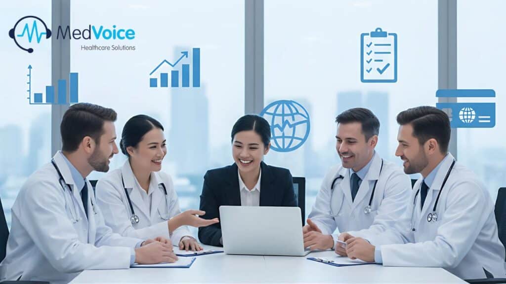 Five professionals, four in white lab coats and one in a suit, sit around a table with a laptop, discussing medical practice and credentialing. Medical and business icons appear above them, with a "MedVoice Healthcare Solutions" logo.