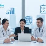 Five professionals, four in white lab coats and one in a suit, sit around a table with a laptop, discussing medical practice and credentialing. Medical and business icons appear above them, with a "MedVoice Healthcare Solutions" logo.