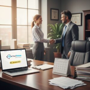 Two professionals shake hands in an office. A laptop on the desk displays a MedVoice Healthcare Solutions website, highlighting expert medical review services. A calendar and documents, often used in medical record review cases, are also visible on the desk.