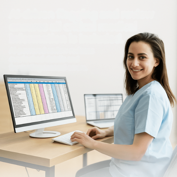 A woman in scrubs sits at a desk, smiling at the camera, with a computer screen displaying healthcare KPIs on a colorful spreadsheet and a laptop in the background.