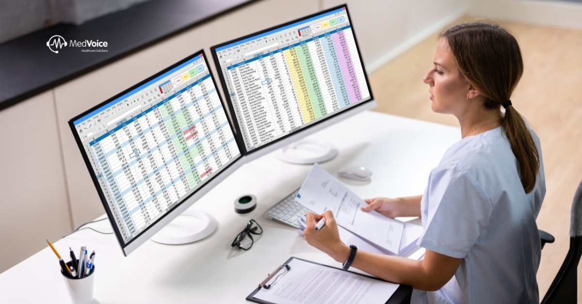 Healthcare team analyzing medical billing data in an office.