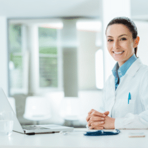 A female doctor in a white coat sits at a desk with a laptop, stethoscope, and glass of water, smiling at the camera in a bright office as she reviews E/M codes for accurate coding.