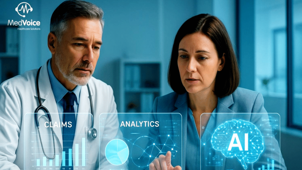 A doctor and a businesswoman discuss data analytics, medical billing, and AI in healthcare, with digital graphics overlaying the image. The MedVoice Healthcare Solutions logo appears in the top left corner.