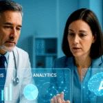 A doctor and a businesswoman discuss data analytics, medical billing, and AI in healthcare, with digital graphics overlaying the image. The MedVoice Healthcare Solutions logo appears in the top left corner.