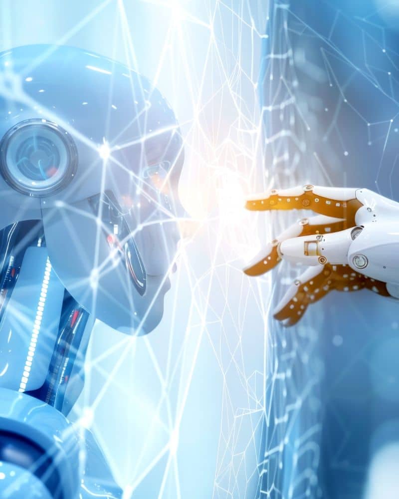 A humanoid robot reviews a digital interface, with glowing lines and connections suggesting artificial intelligence, technology integration, and advanced clinical documentation.