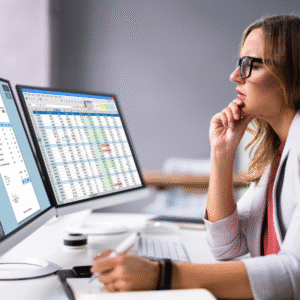 A woman wearing glasses works at a desk, looking at two computer monitors displaying spreadsheets and data for accurate coding and medical coding tasks.
