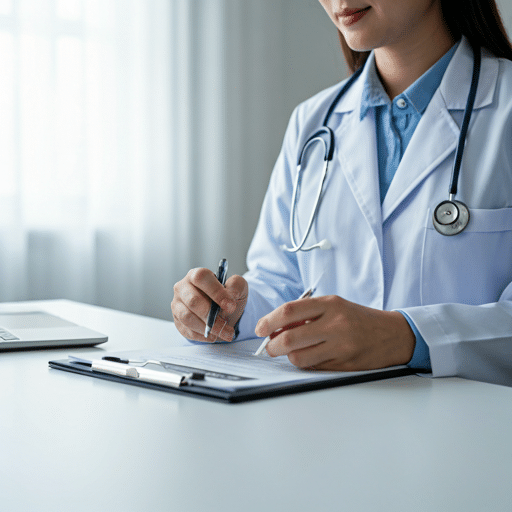 A doctor in a white coat with a stethoscope writes notes on a clipboard at a desk with a laptop, focusing on behavioral health medical billing services.