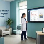 A healthcare professional stands in an office looking at a large screen displaying data, with text reading “Why behavioral health practices face higher claim denial rates.”.