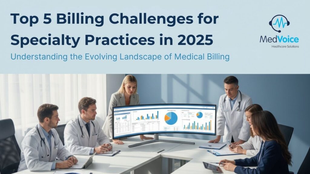Five medical professionals in lab coats review billing data on a large curved monitor in a conference room, beneath a banner highlighting billing challenges specialty practices may face in 2025.