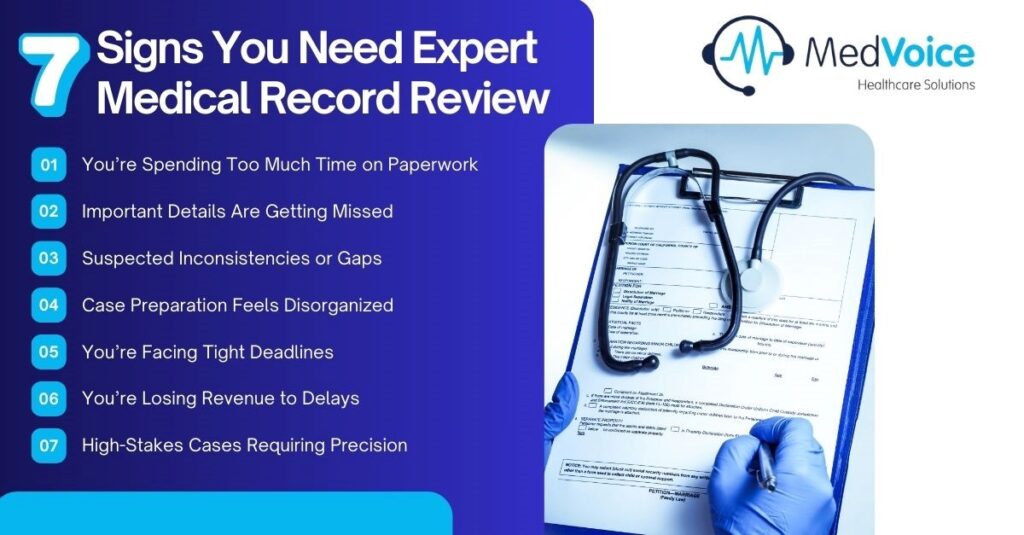 A gloved hand holds a clipboard with medical records, stethoscope on top; a list titled “7 Signs You Need Expert Medical Record Review” is displayed beside the MedVoice logo.