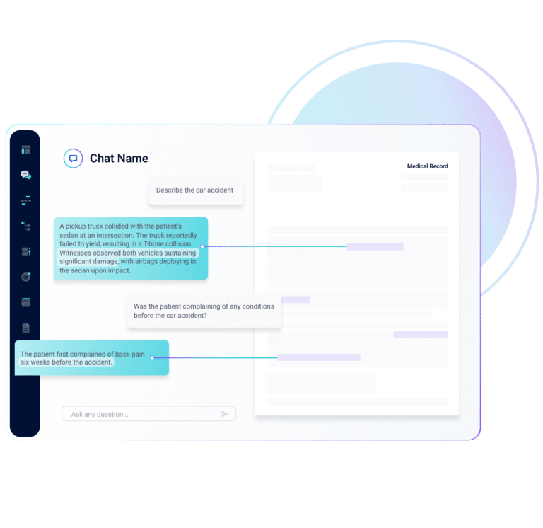 A digital chat interface for medical record review displays a conversation summarizing a car accident and patient history, with highlighted text and a blurred medical record section on the right—ideal for a landing page.